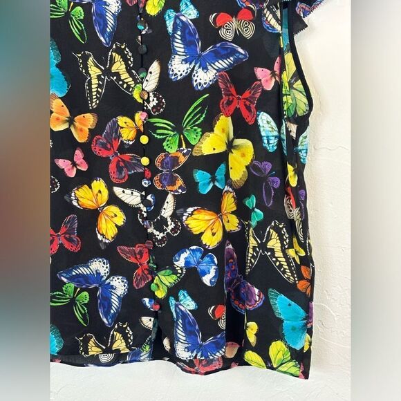 ALICE + OLIVIA Butterfly Print Silk Flutter Sleeve Top Blouse Colorful Rainbow - Picture 11 of 16